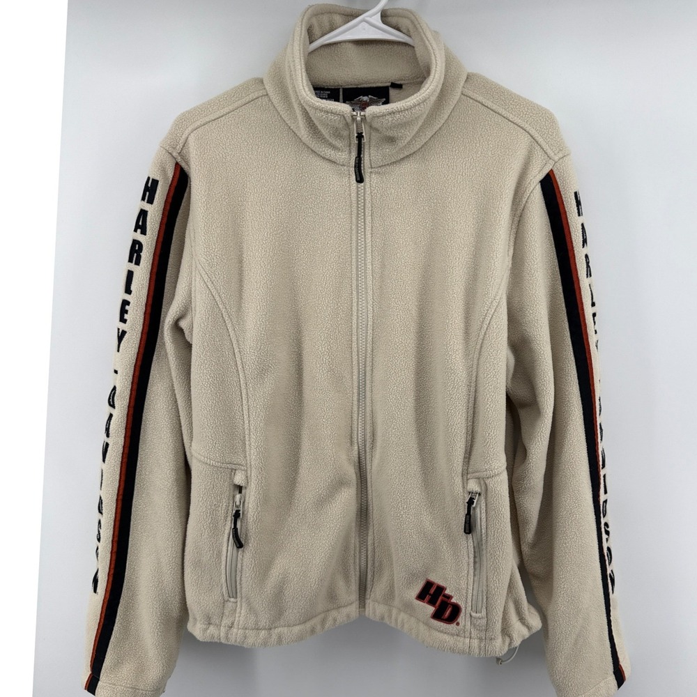 Harley-Davidson Womens Fleece Jacket Full Zip Cream Beige Sleeve Logo 98426-09VW - Picture 1 of 12